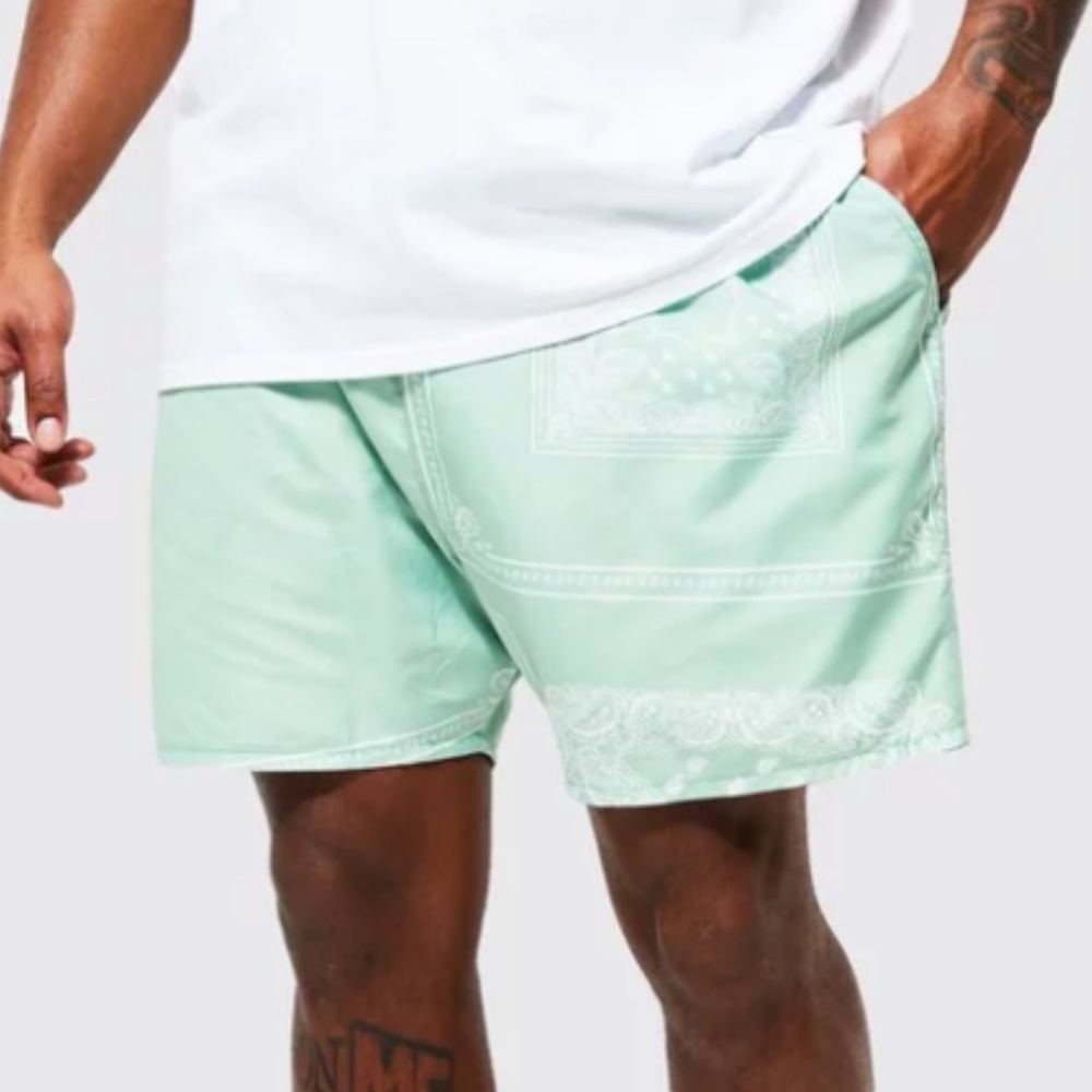 Boohoo Man NWT Sage Green All Over Print Bandana Swim Shorts
